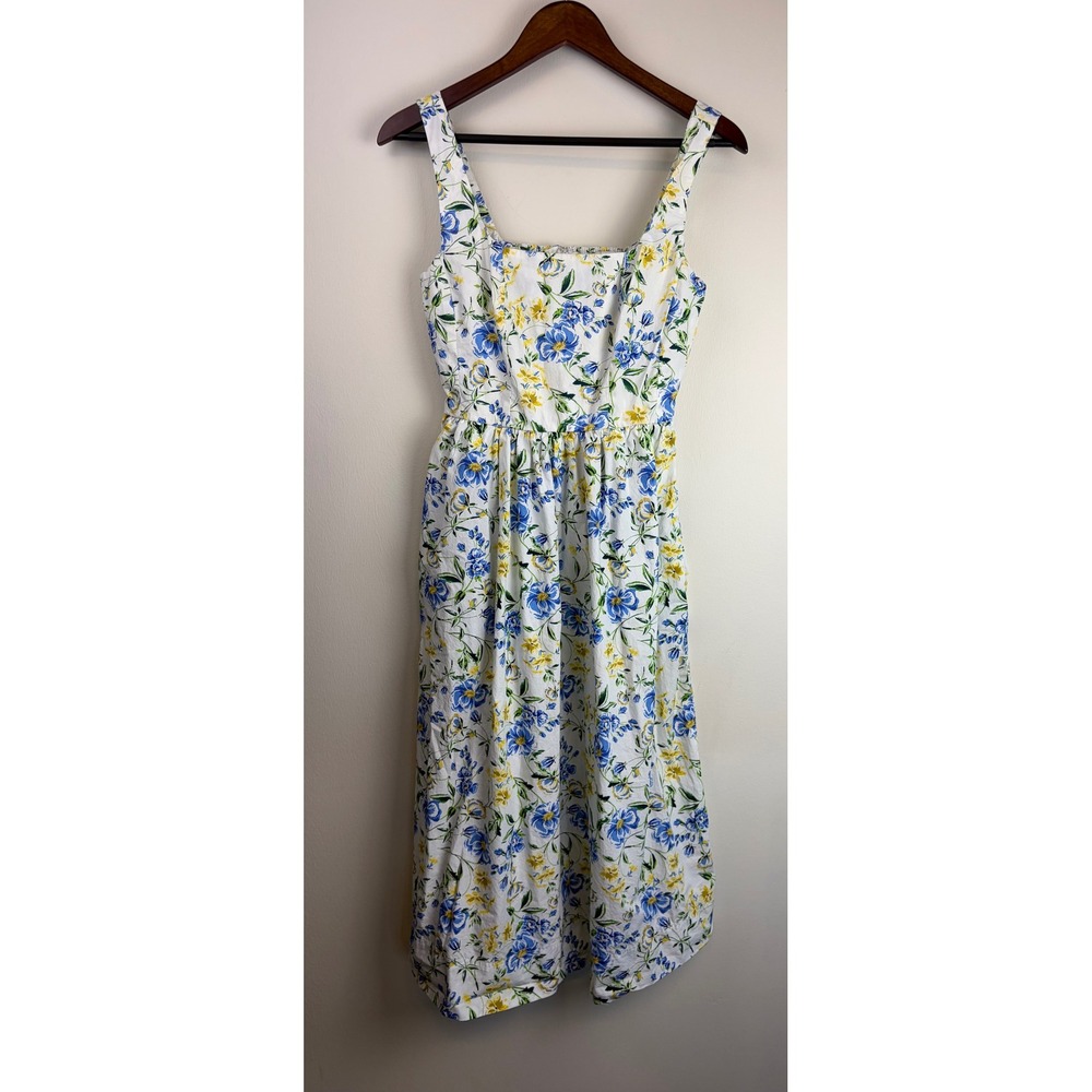 Free Assembly Midi Dress XS White Blue Floral Cottagecore Smocked Cotton Pockets